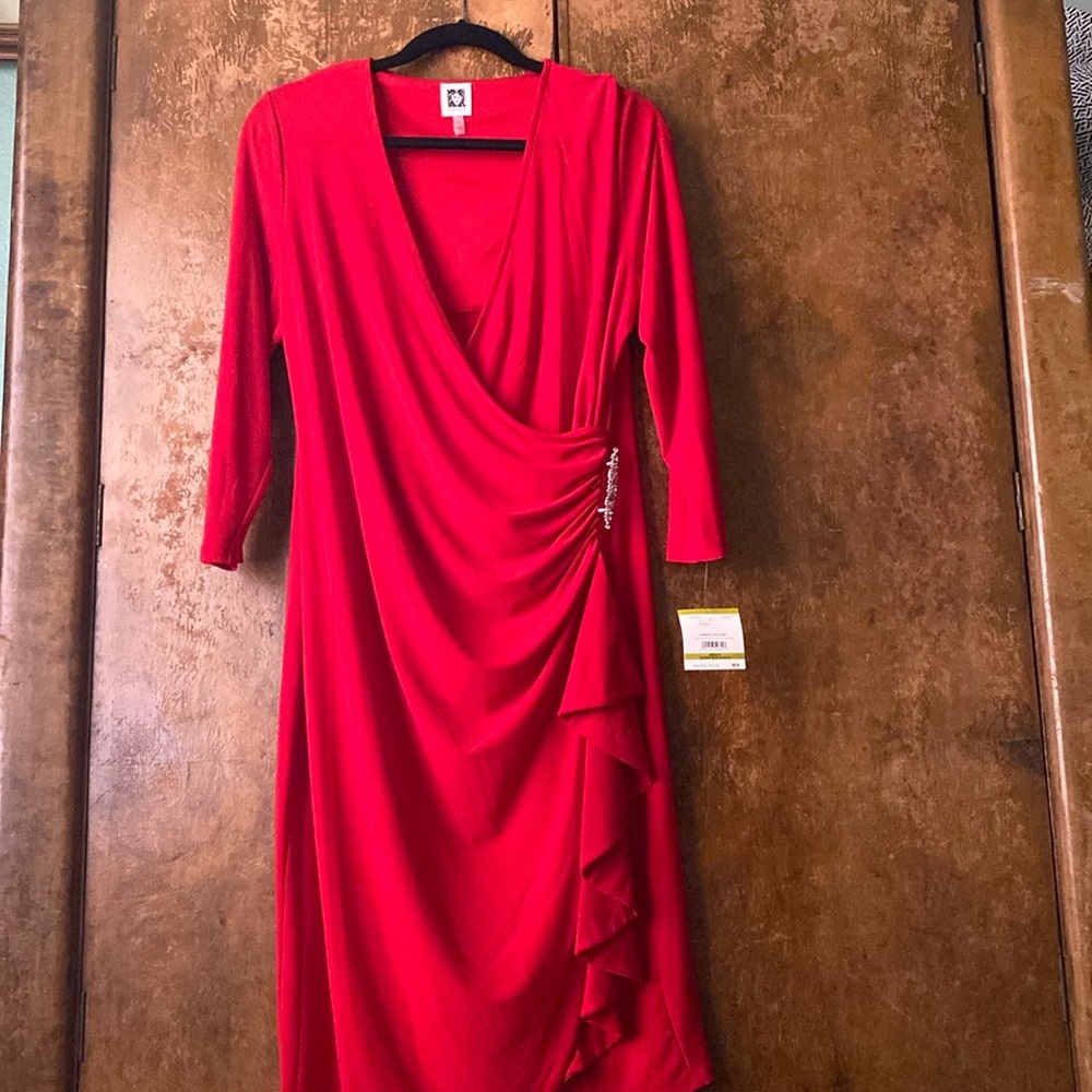 Anne Klein Faux Wrap Dress with Diamond Style Detail on Hip